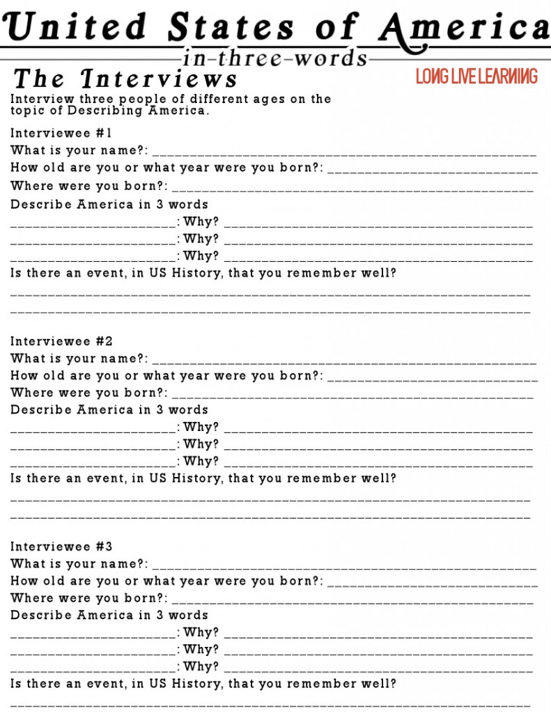 Newspaper Interviews Printable, Describe America in Three Words Happy