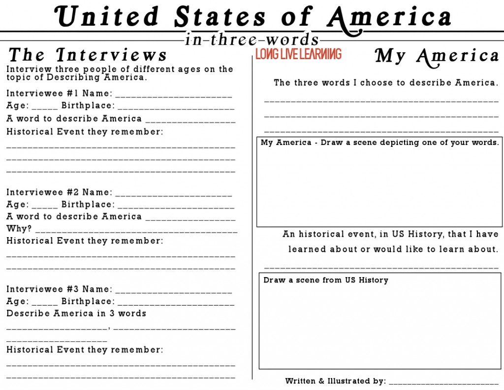 Newspaper Interviews Printable, Describe America in Three Words Happy